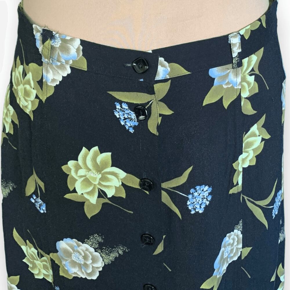 Vintage Black Floral Button Front Romantic Grunge Flowing Midi Skirt Cottage - Picture 3 of 9